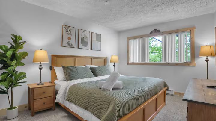 Queen bedroom with green bedding