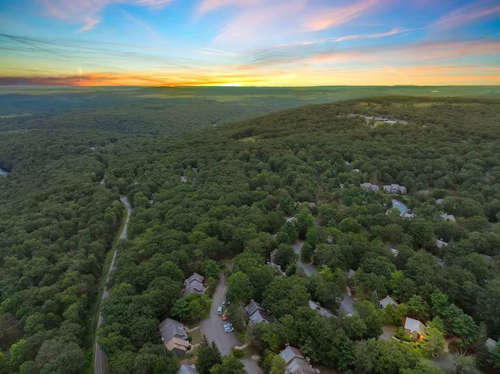 Sunset over the forested neighborhood